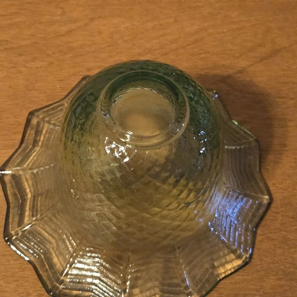 Vintage Green Glass Bowl Vase Patterned Base Flared Rippled Rim, 3 X 5.5